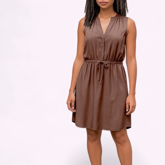Cynthia Rowley | 100% Silk Taupe Drawstring V-neck Sleeveless Midi Dress Sz 6 - Picture 1 of 12